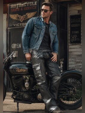 Black Leather Cargo Pants with Ribbed Waist and Belt Detail